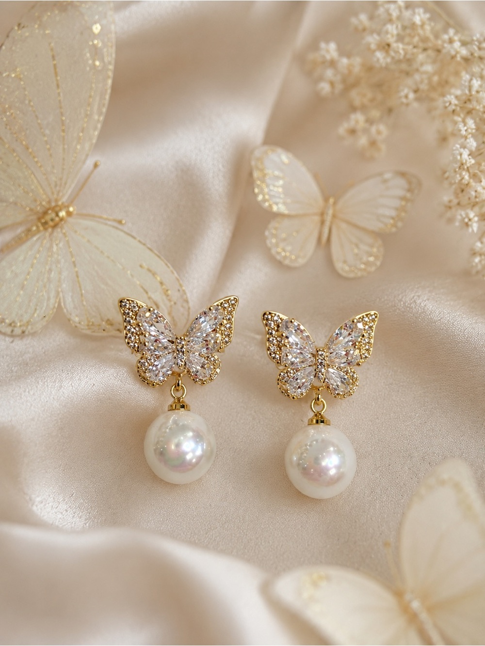 🆕😍Gold Butterfly Pearl Drop Earrings - Elegant Women Jewelry